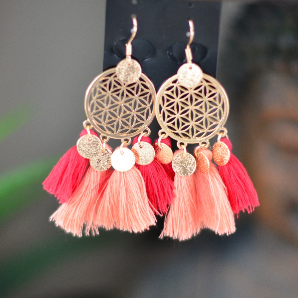 Boho Gold Dreamcatcher Tassel Earrings Magenta